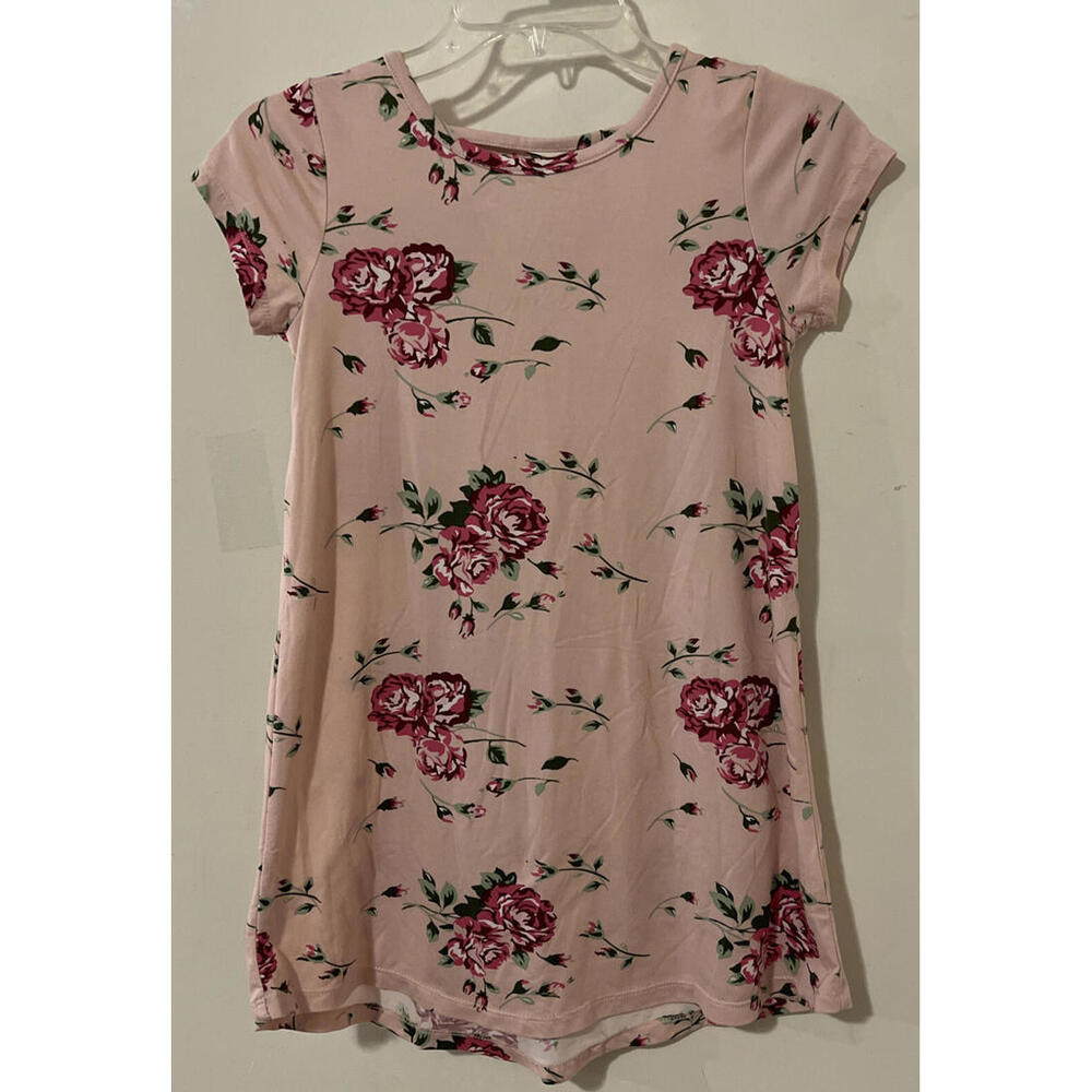 Poof Girl Medium Pink Floral Knee Length Tshirt Style Short Sleeved Dress! A4245